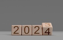 Cube Wooden Block 2023 Change 2024 Number Text Happy New Year Time Calendar Event Business Goal Future Success Start Holiday Strategy Holiday Vision Forward Investment Financial New Target Beginning