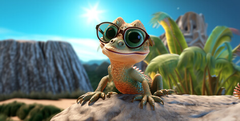 Wall Mural - cartoon lizard with sunglasses laying on a rock hd wallpaper generated ai 