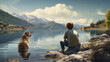 Young Boy Sitting on a Rock Near the Lake. Golden Retriever in the Water. Back Turned, Backside Looking Out in the Distance to the Mountains. Concept of Serene, Friendship, Youth, Landscape, Outdoors.