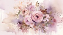 Trendy Watercolor Rose Flowers Background. Floral AI Illustration. Botanic Composition For Wedding Or Greeting Card. Design For Fabric Luxurious And Wallpaper, Vintage Style.