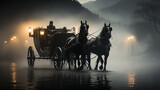 Fototapeta Londyn - a cab a horse drawn carriage in the night fog detective old europe