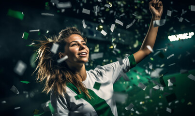 Wall Mural - Portrait of a happy female football sport player celebrating winning with confetti falling