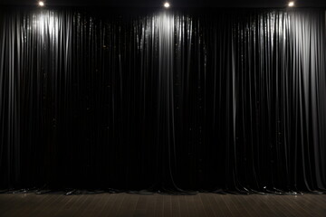 black shiny curtain backdrop with down lights, photographic background made with generative ai