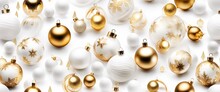 Winter Holiday Wallpaper. Festive White And Gold Christmas Ornaments And Baubles. Empty Glass Snow Ball Isolated