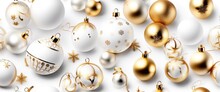Winter Holiday Wallpaper. Festive White And Gold Christmas Ornaments And Baubles. Empty Glass Snow Ball Isolated