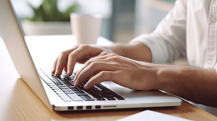 Male hands typing on computer keyboard closeup, business man or student using laptop at home, online learning, internet marketing, working from home, office workplace, freelance concept, Generative Ai