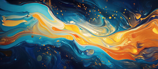 Orange and blue paint on a black background, in the style of flowing forms, ethereal illustrations - AI Generated