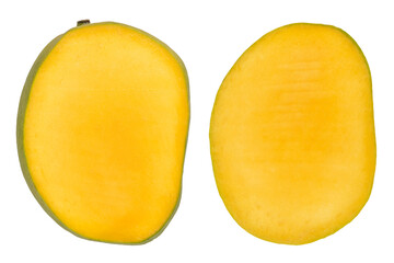 Mango on a white isolated background. Ripe, juicy and fresh mango halves on a white background. Mango isolate with peel.