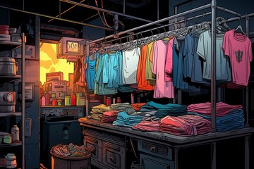 Wall Mural - Colorful Illustration of the clothes hanging on a pole in laundry room. Generative Ai.