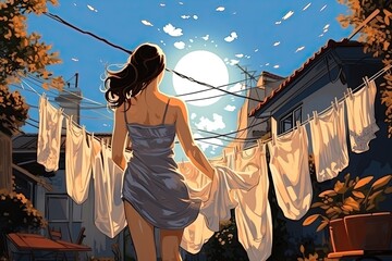 Wall Mural - Colorful illustration of the girl hangs the laundry on the clothesline. Summer time. Generative Ai.