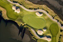Aerial Drone View Of Golfers Putting On Moen Island. Photo Generative AI