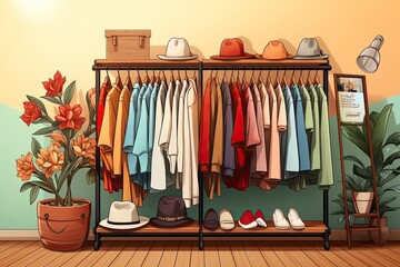 Wall Mural - Colorful Illustration of the clothes, hats and shoes  hanging on a pole. Cream background.  Generative Ai.