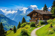 © Keitma - Swiss chalet nestled in the Alps, capturing the charm of Alpine architecture. Wooden house with steeply pitched roofs and mountains in background