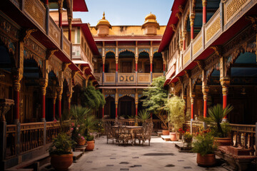 view of an indian haveli a grand mansion house with intricate carved wooden facades and courtyard sh
