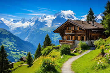 Swiss chalet nestled in the Alps, capturing the charm of Alpine architecture. Wooden house with steeply pitched roofs and mountains in background