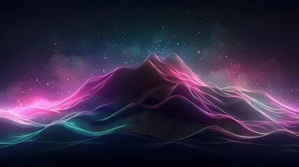 Abstract futuristic background with pink green glowing neon moving high speed wave lines mountain of data and bokeh lights.