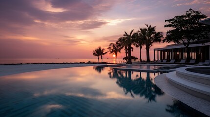 Wall Mural - An elegant and minimalistic image of a luxury hotel's infinity pool. The pool offers a stunning overlook of a pristine beach