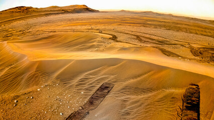 Wall Mural - planet mars exploration. wide angle view of mars surface in orange color. image taken by the mars ro