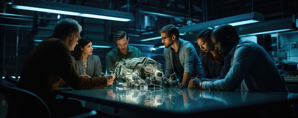 engineers meeting technology research in laoratory, deep blue colors