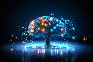 Digital brain and technology background. Human brain with roots and glowing neon lights. Digital communication of artificial intelligence and human intelligence. Digital tree of life. Generative AI.
