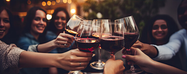 Group of young people celebrating and tasting or drinking red vine.