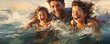 Happy familly having fun and smile in water sea waves.