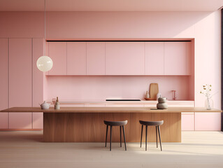 Modern pink kitchen interior design with large wooden dining table and pendant lamp