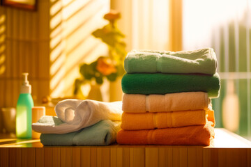 Sticker - Stack of folded towels sitting on top of table next to potted plant.