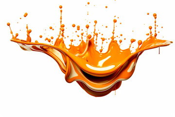 Wall Mural - Orange liquid splashing on top of white surface with white background.