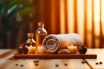 Sticker - Towel, candles, and bottles of essential oils on wooden table.