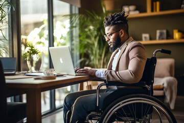 Focused black disabled man in wheelchair working with documents, using laptop at home office. Handicapped Afro man sitting at desk with computer, checking financial reports. Generative Ai