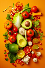 Poster - Bunch of different fruits and vegetables on orange background with variety of fruits and vegetables.