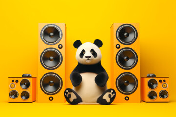 Sticker - Stuffed panda bear sitting on top of table next to some speakers.