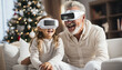 a grandpa and grandson wearing both a Vr glasses in bright white living room,sitting on a coutch,front view,enjoying a futuristic Vr game, copy space