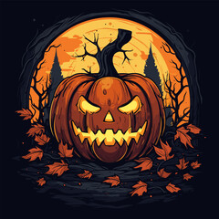 Wall Mural - Jack - o'- lantern pumpkin with full moon in the background.