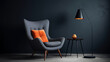 Modern living room interior with gray armchair and illuminated floor lamp near gray wall. Minimal design furniture with orange accents. Generative AI.