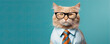 Cute cat in suit with sunglasses is on a black background.