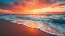 Beautiful Sea Evening Sunset Juicy Orange Sun And Surf Waves Generative Ai