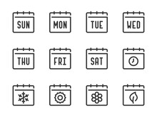 Days Of The Week And Seasons Vector Line Icons. Calendar, Schedule, Date And Timetable Outline Icon Set.