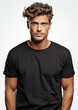 Male Model Wearing a Plain Black Unbranded T-Shirt on a White Background-Generative AI