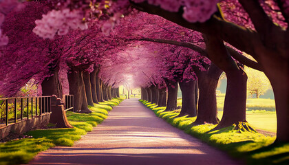 beautiful pink flowering cherry tree avenue in holzweg, magdeburg, saxony-anhalt, germany, footpath 