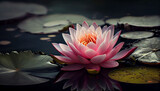 Beautiful pink water lily flower with leaves in a pond, beauty in nature concept banner for wellness, cosmetics, recreation, wallpaper decor,Ai generated image