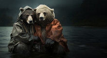 Illustration Of Two Bears Dressed In Raincoats Hugging While Sitting In The Water