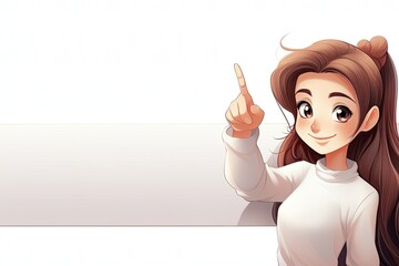 Wall Mural - Girl with a raised finger on the background of a white blank banner.