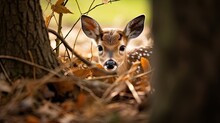 A Little Deer Hiding Behind A Tree