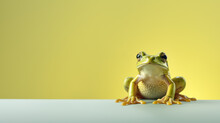 Real Green Frog With A Light White Belly Sitting On A Surface, Isolated On A Light Green Background