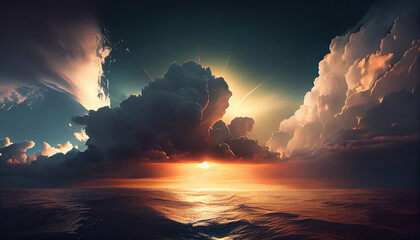 Eautiful thunder cloudscape with sun over the glittering sea, natural scene panorama for climate change, travel, vacation Ai generated image