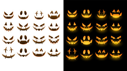 spooky glowing face isolated on a dark background, funny, and scary eyes and mouth. emojis for hallo