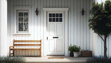 Farmhouse's Front Door. White Wall And Wooden Bench Nearby, Ai Generated Image