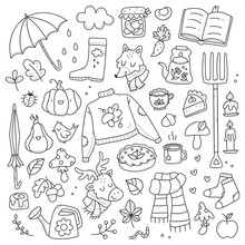 A Set Of Cute Autumn Doodles. A Collection Of Simple Autumn Drawings. Vector Illustration.